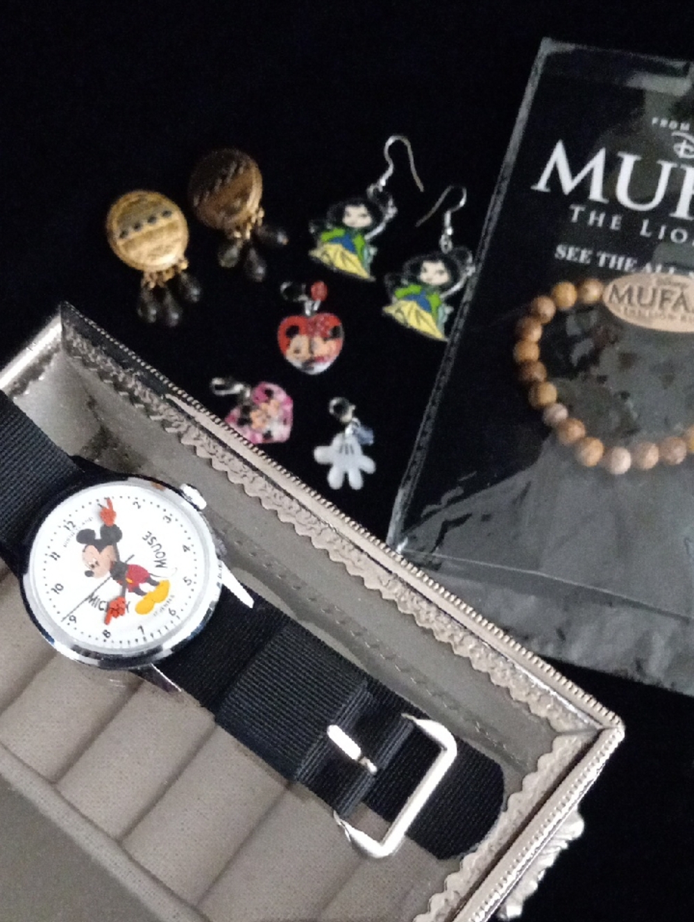 Vintage Mickey Mouse Black Strap Watch with Character Charms/Earrings/Bracelet